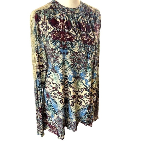 Free People Popover Top Women L Off White Blue Maroon   Ecru Eyelash Lace Inset - Picture 1 of 10